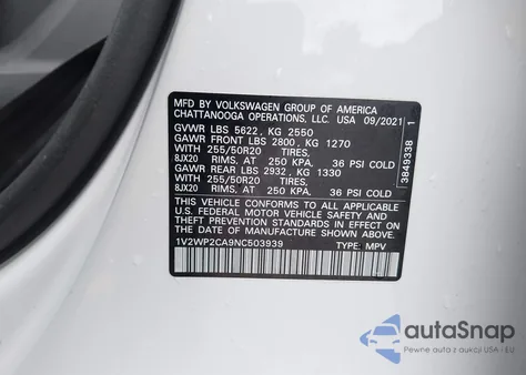 2022 Volkswagen Atlas 2.0T Se W/Technology from USA, damaged, VIN 1V2WP2CA9NC503939